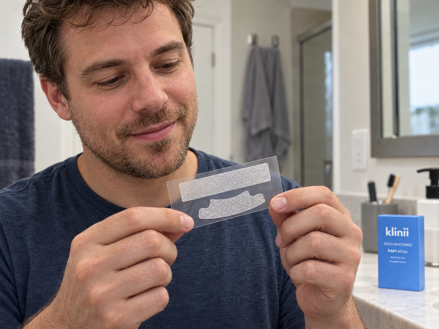 Man examining a whitening strip before use