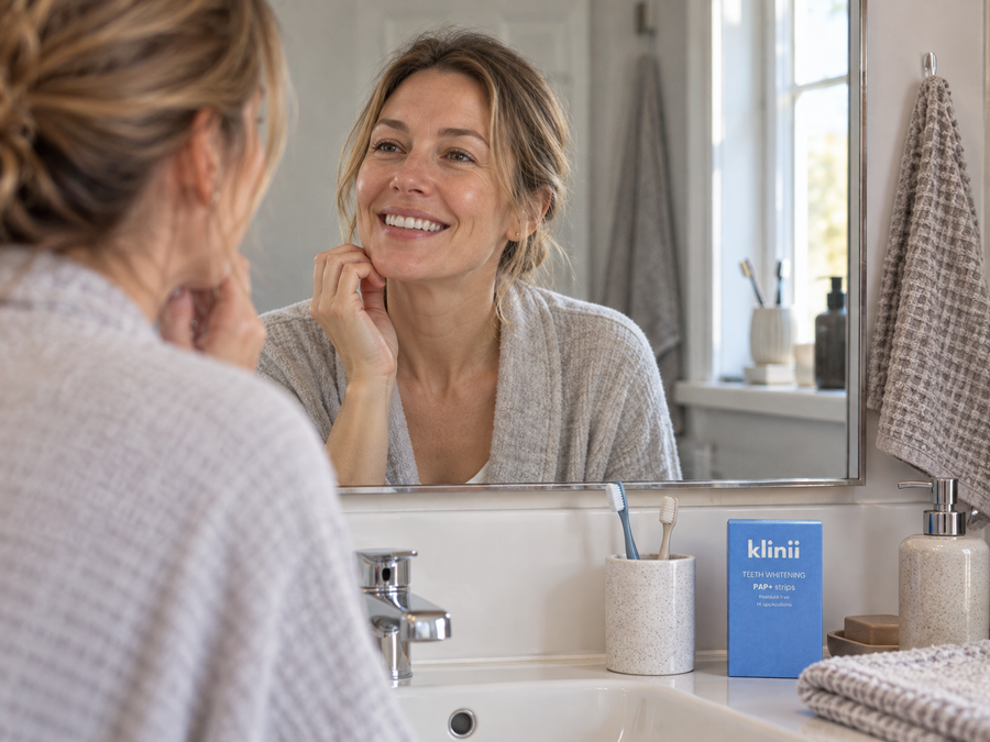 Woman smiling during her morning teeth-whitening maintenance routine