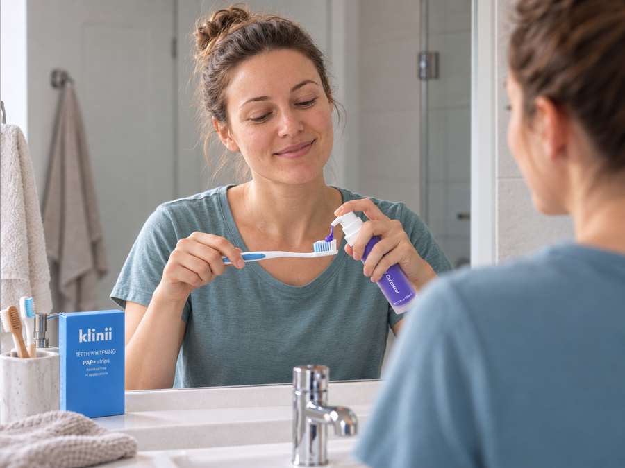 Woman applying V34 colour-correcting paste to a toothbrush beside Klinii whitening strips